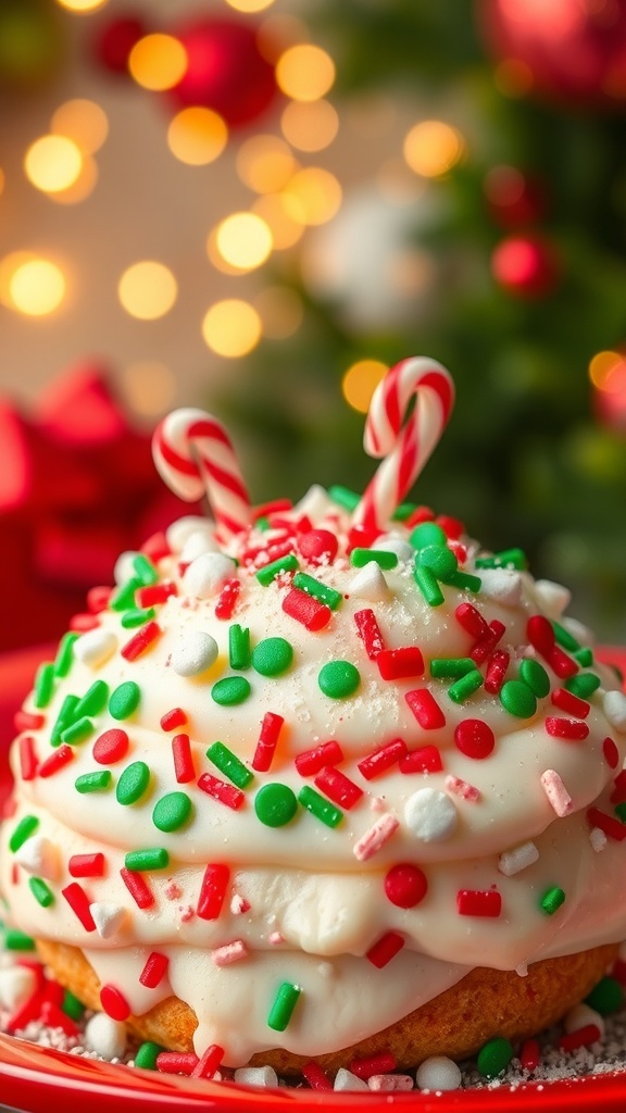 A festive dessert with cream cheese filling, decorated with sprinkles and candy canes, set against a holiday backdrop.
